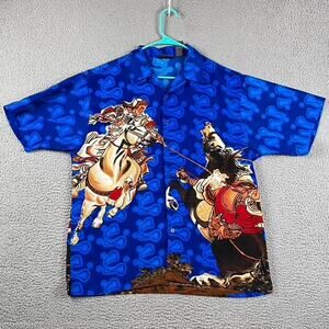 Vintage J/E/T Bold Graphic Button Up Shirt Men's M Jousting Horses Abstract